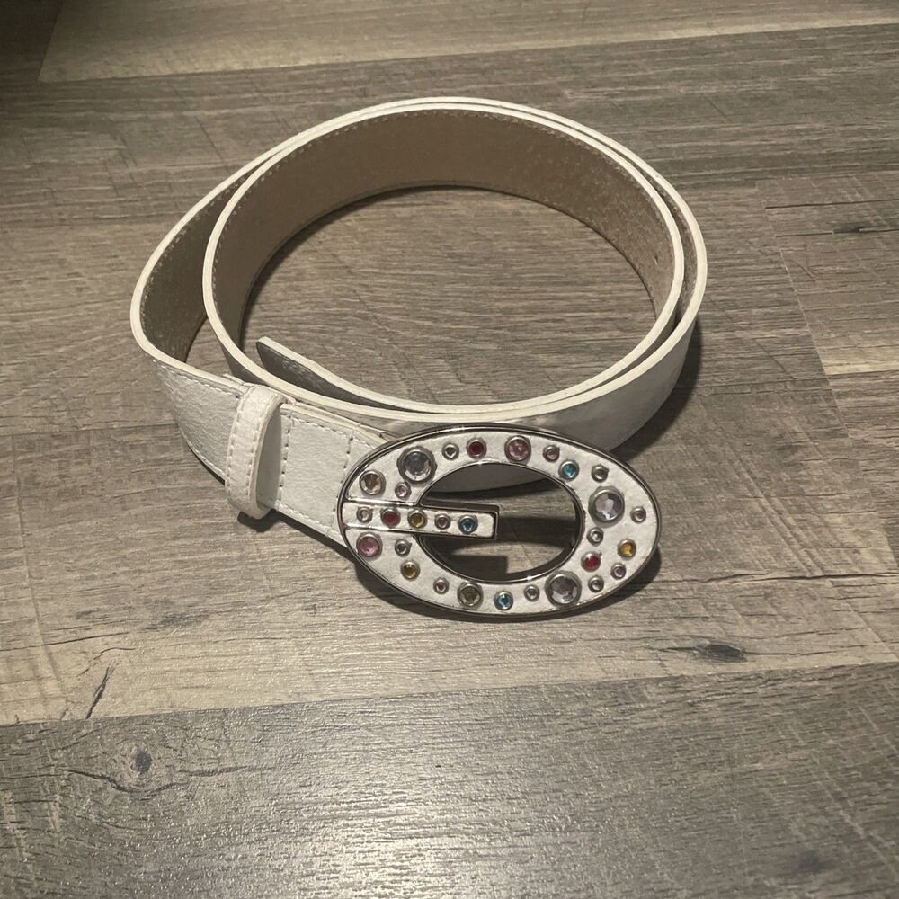 GUESS White Leather Belt Y2K Vintage Silver Oval G Buckle Multicolor Rhinestone